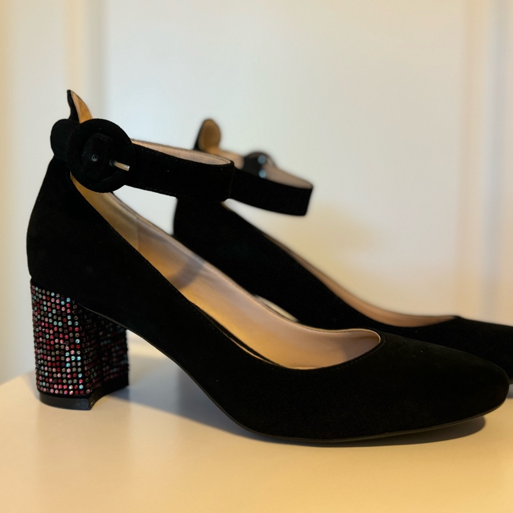 KARL LAGERFELD  “solaine” suede ankle strap pump w/multicolored rhinestone heel.
